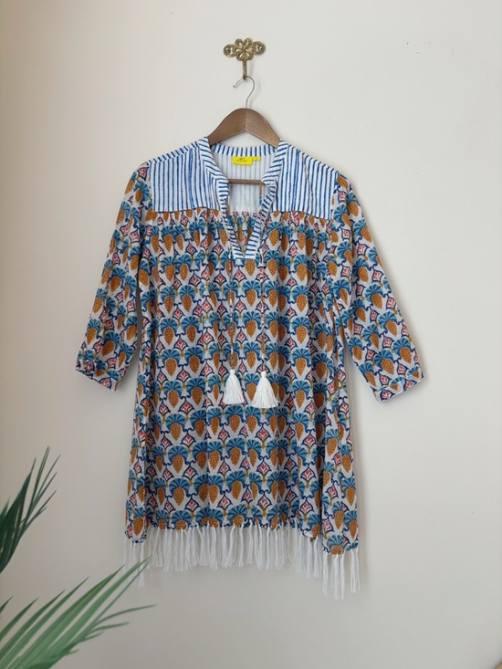 Roller Rabbit Tops - Roller Rabbit Serafina Block Print Fringe Tunic Top Small Swim Resortwear Summer